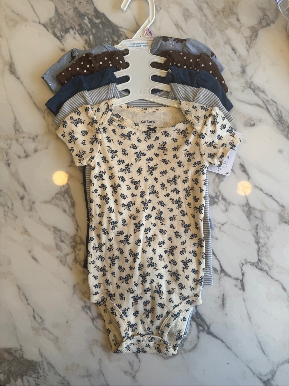 5 Set Carter's Cream & Blue Floral Short-Sleeve Baby One-Piece
